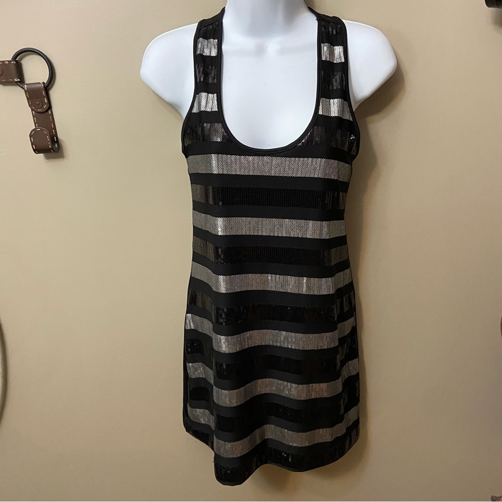 Sequined Womens Black & Silver Razor Back Top- size XS